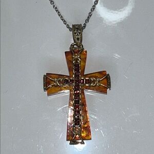 NWOT Genuine Amber & Fire Opal Gemstone Sterling Silver Palladium Cross Necklace